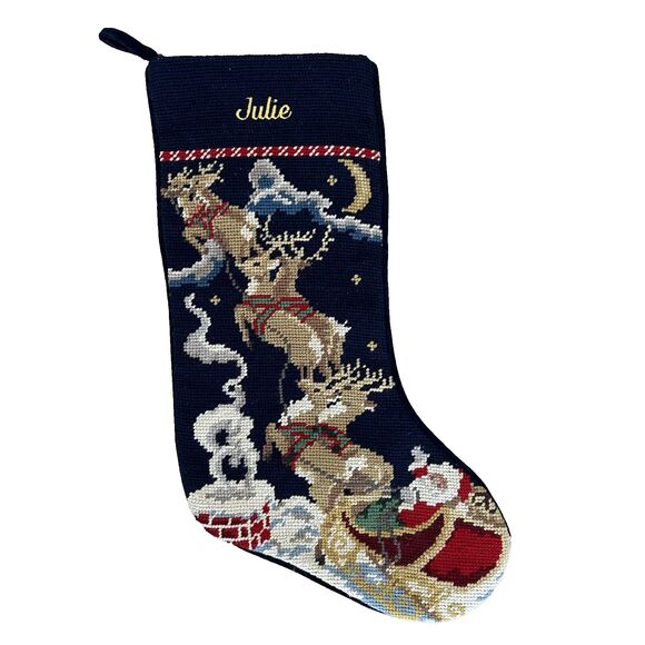 Lands End Needlepoint Stocking Santa Clause Sleigh Reindeer "Julie" Monogram - Picture 1 of 7